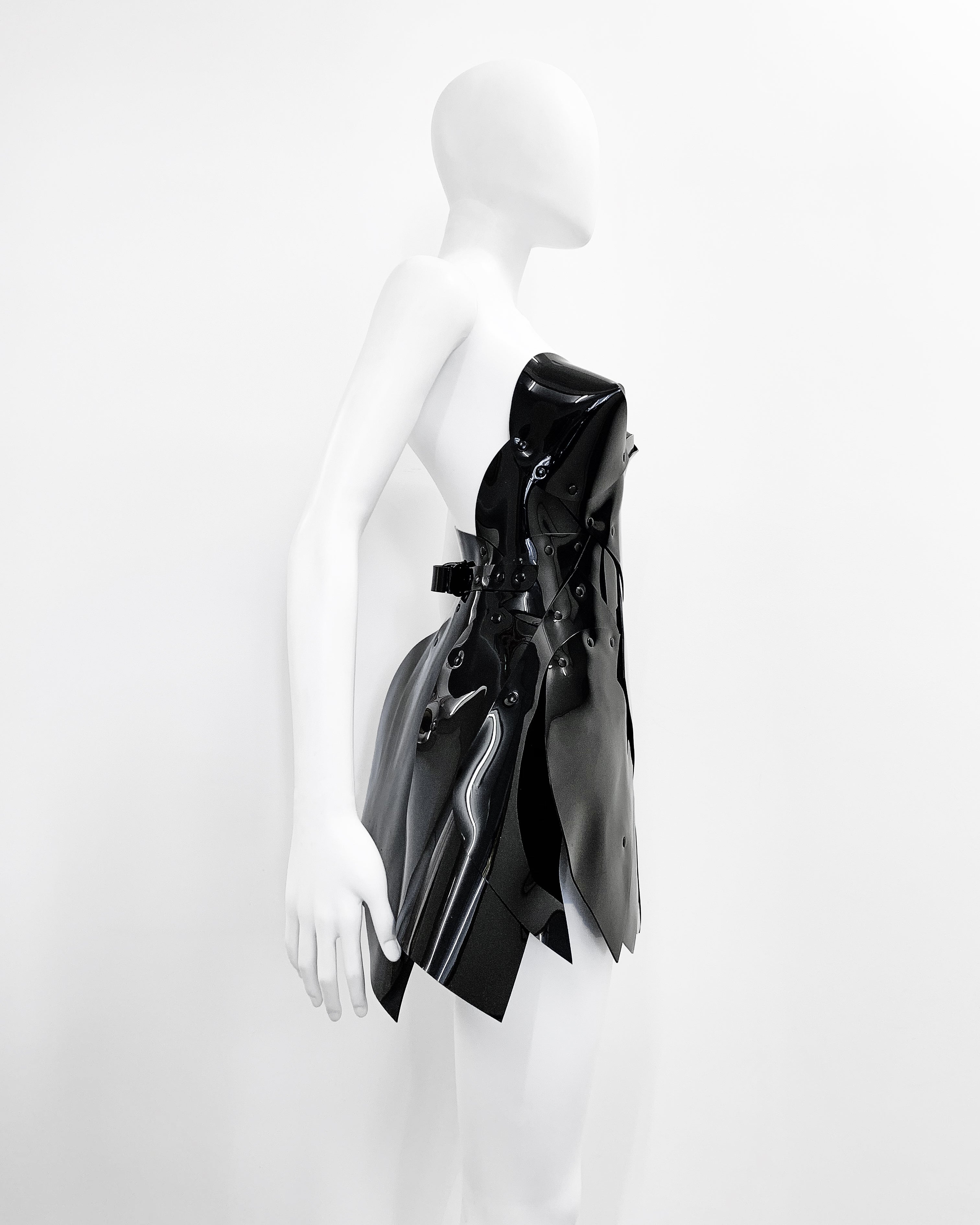 Jivomir Domoustchiev vegan vinyl pvc fashion wearable sculpture hand crafted to order only in East London Atelier independent luxury brand dress sculpture art couture