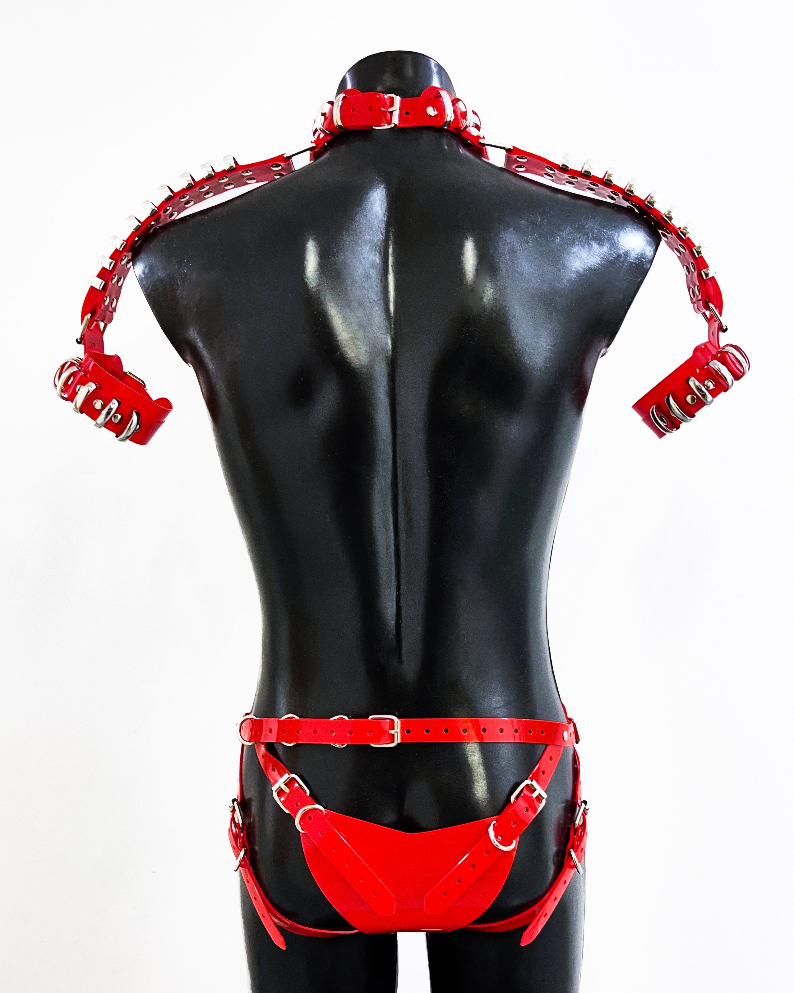 Jivomir Domoustchiev Multi Ring Shoulder Harness, Collar, Cuffs vegan vinyl hand crafted made in London