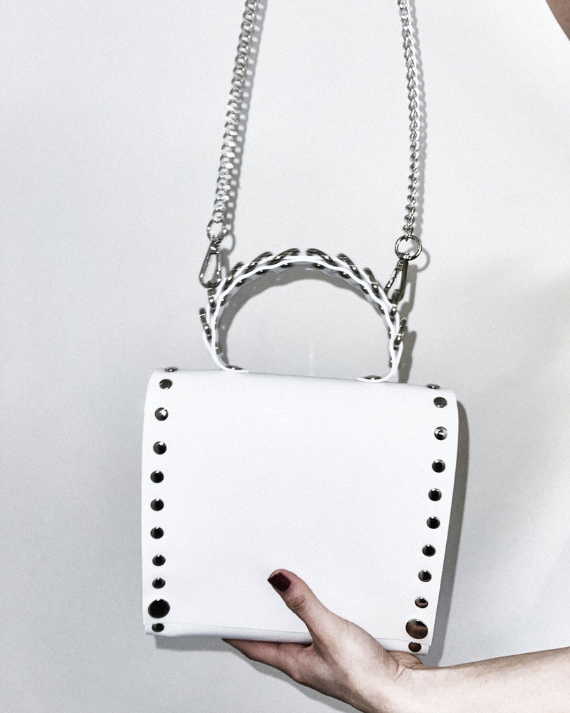 Jivomir Domoustchiev vegan vinyl pvc fashion wearable sculpture handbag purse hand crafted to order only in East London Atelier independent luxury brand purse handbag