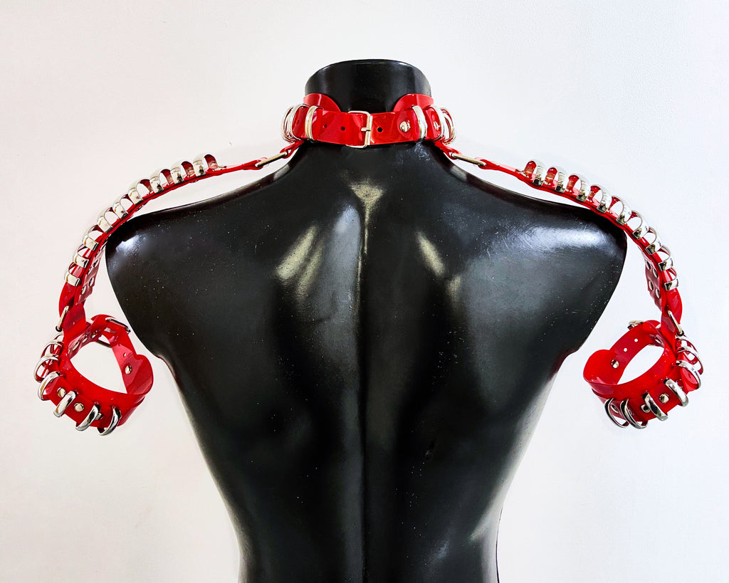 Jivomir Domoustchiev Multi Ring Shoulder Harness, Collar, Cuffs vegan vinyl hand crafted made in London