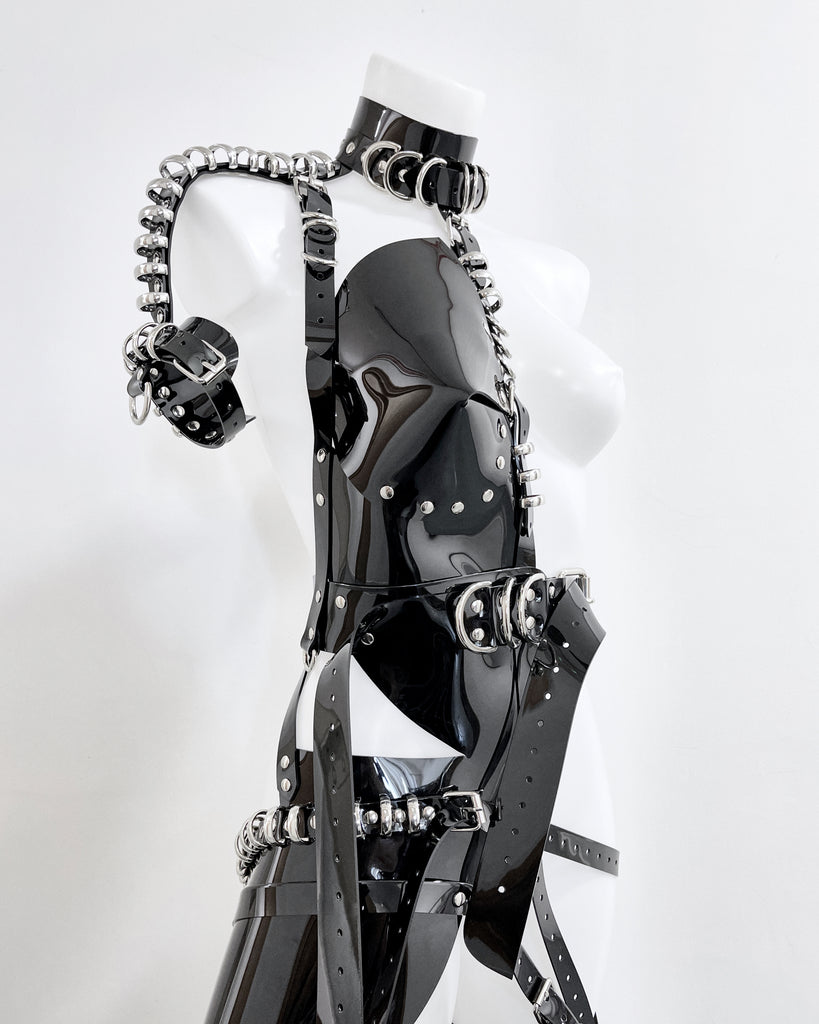ivomir Domoustchiev vegan vinyl hand crafted half body armour multi ring harness