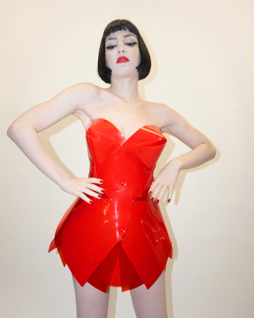 Jivomir Domoustchiev vegan vinyl mini little red dress kink fetish superhero sculpture cosplay little red dress