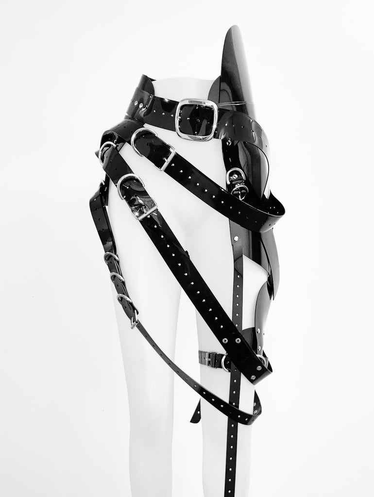 Jivomir Domoustchiev Multi buckle harness belt black and goldJivomir Domoustchiev Multi buckle harness belt transparent red vegan vinyl multi strap belt harness