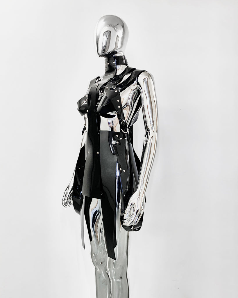 Jivomir Domoustchiev PVC vegan Vinyl Future Gladiator multi buckle harness dress