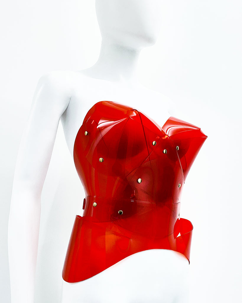 Jivomir Domoustchiev vegan vinyl Sculpture Bustier red love transparent