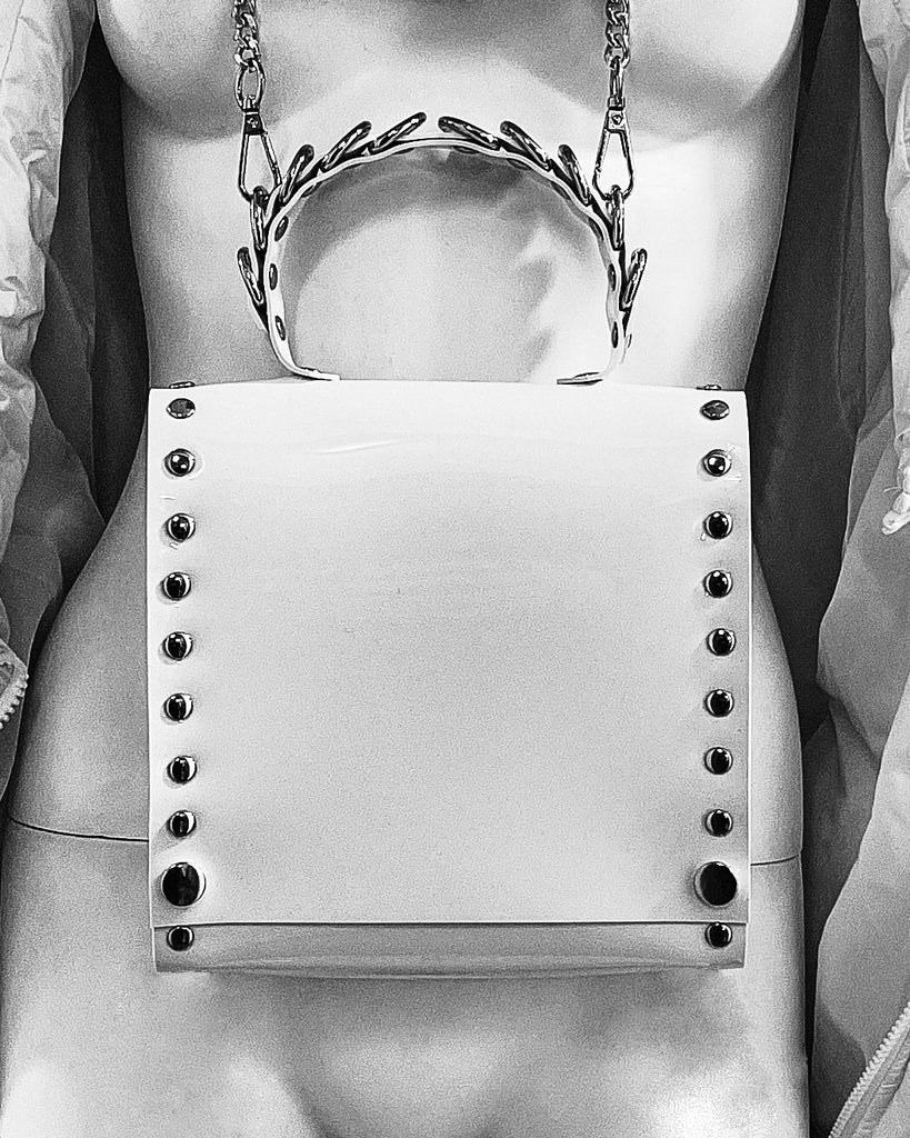 Jivomir Domoustchiev vegan vinyl pvc fashion wearable sculpture handbag purse hand crafted to order only in East London Atelier independent luxury brand purse handbag