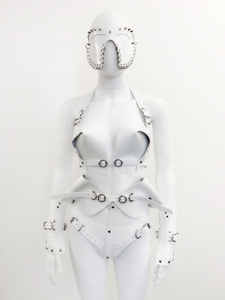 Jivomir Domoustchiev vegan vinyl sculpture fashion accessories hand crafted made in London kink avant garden future  luxury superhero cosplay kink latex fetish 