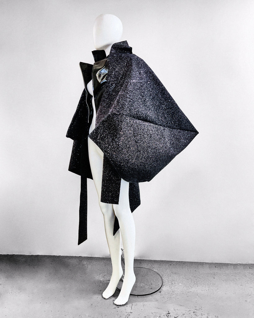 Jivomir Domoustchiev vegan vinyl pvc fashion wearable sculpture hand crafted to order only in East London Atelier independent luxury glitter coat jacket couture made to order custom 