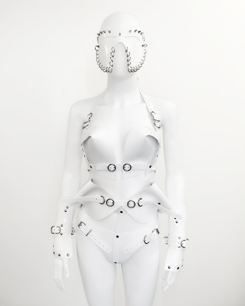 Jivomir Domoustchiev vegan vinyl sculpture fashion accessories hand crafted made in London kink avant garden future  luxury superhero cosplay kink latex fetish 