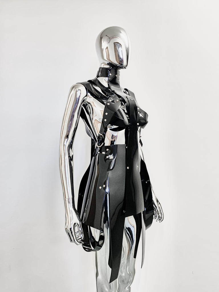Jivomir Domoustchiev PVC vegan Vinyl Future Gladiator multi buckle harness dress 
