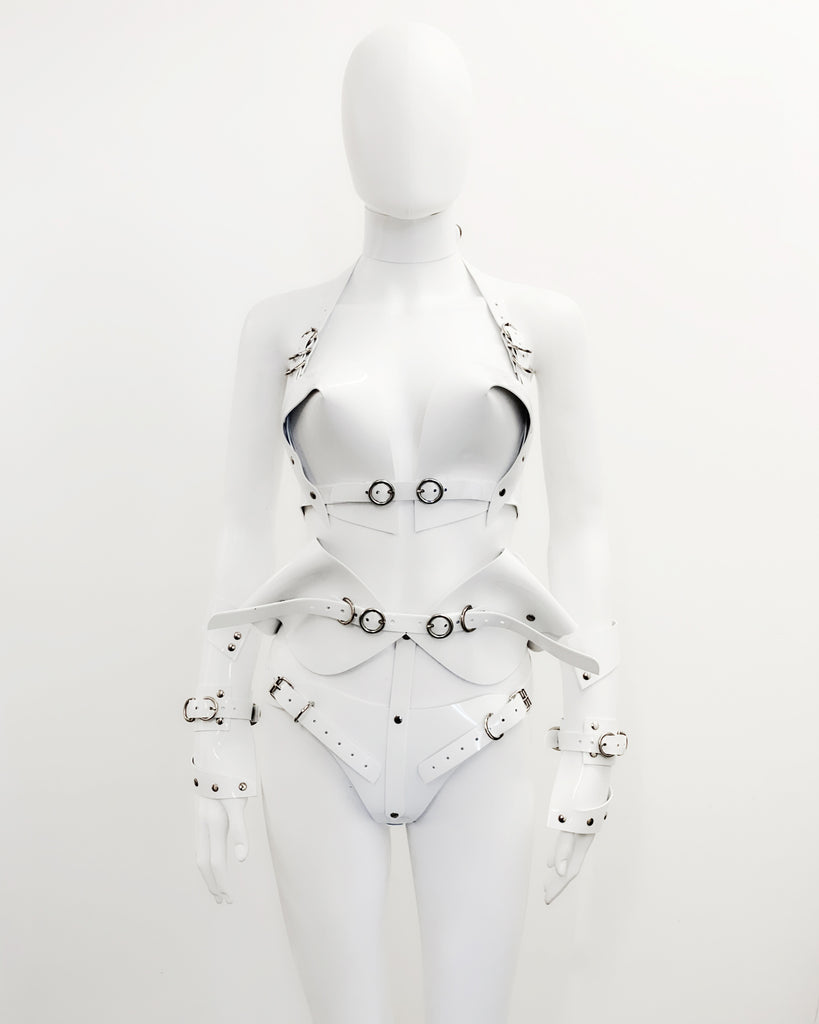 Jivomir Domoustchiev vegan vinyl sculpture fashion accessories hand crafted made in London kink avant garden future  luxury superhero cosplay kink latex fetish 
