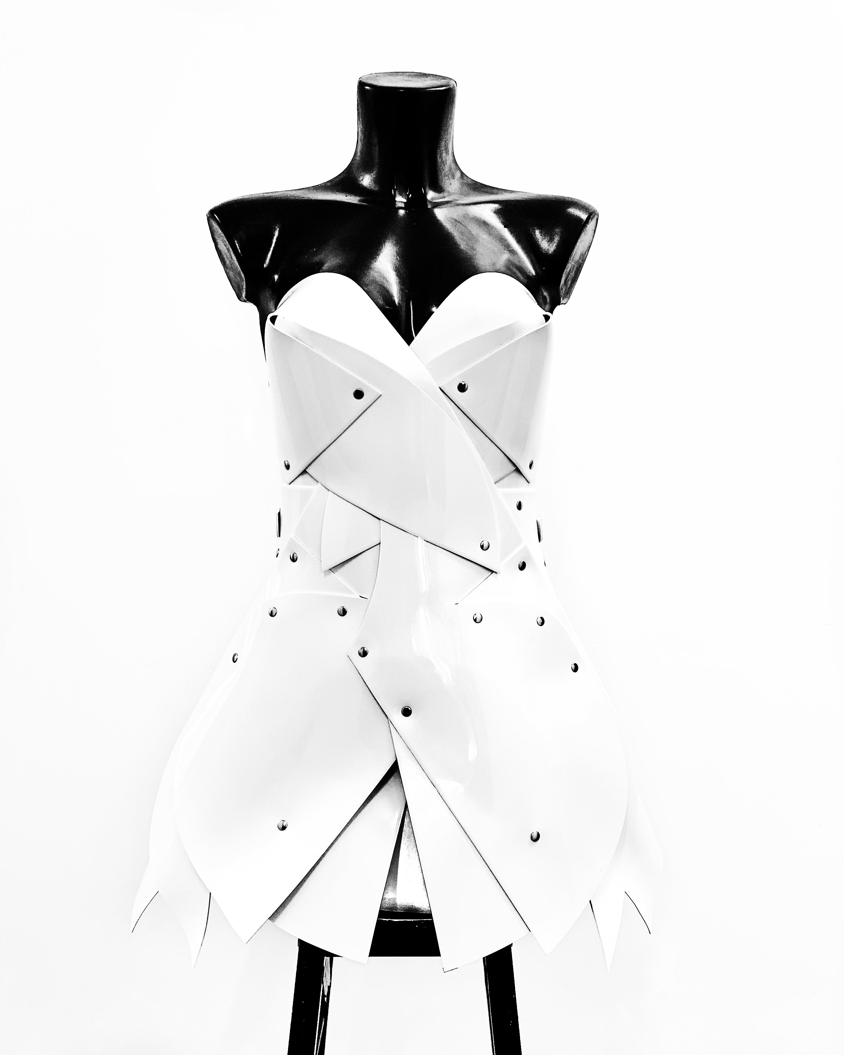 Jivomir Domoustchiev vegan vinyl pvc fashion wearable sculpture hand crafted to order only in East London Atelier independent luxury brand dress sculpture art couture