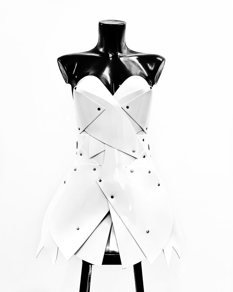 Jivomir Domoustchiev vegan vinyl pvc fashion wearable sculpture hand crafted to order only in East London Atelier independent luxury brand dress sculpture art couture
