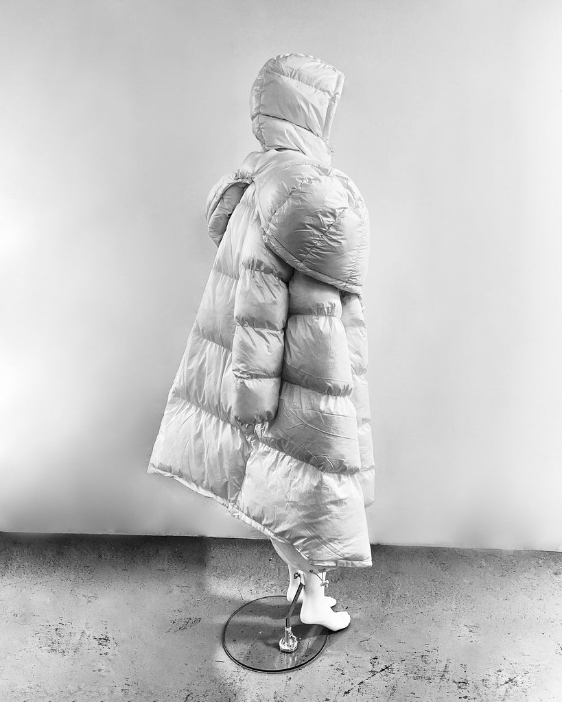 White Shoulder PUF Coat Jivomir Domoustchiev reimagined repurpose sculpture puffer jacket redesign limited edition drop custom made to order