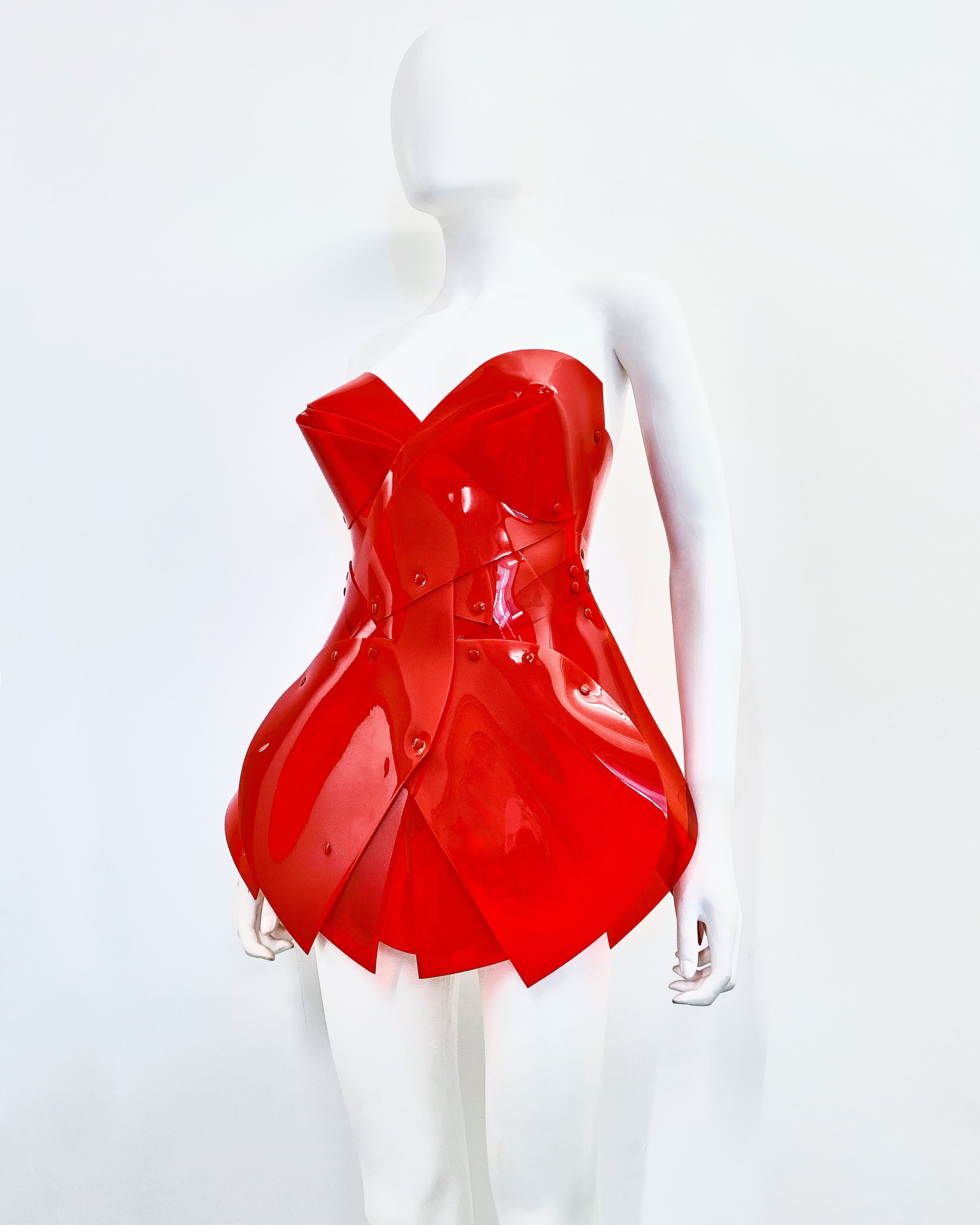 Jivomir Domoustchiev vegan vinyl pvc fashion wearable sculpture hand crafted to order only in East London Atelier independent luxury brand dress sculpture art couture