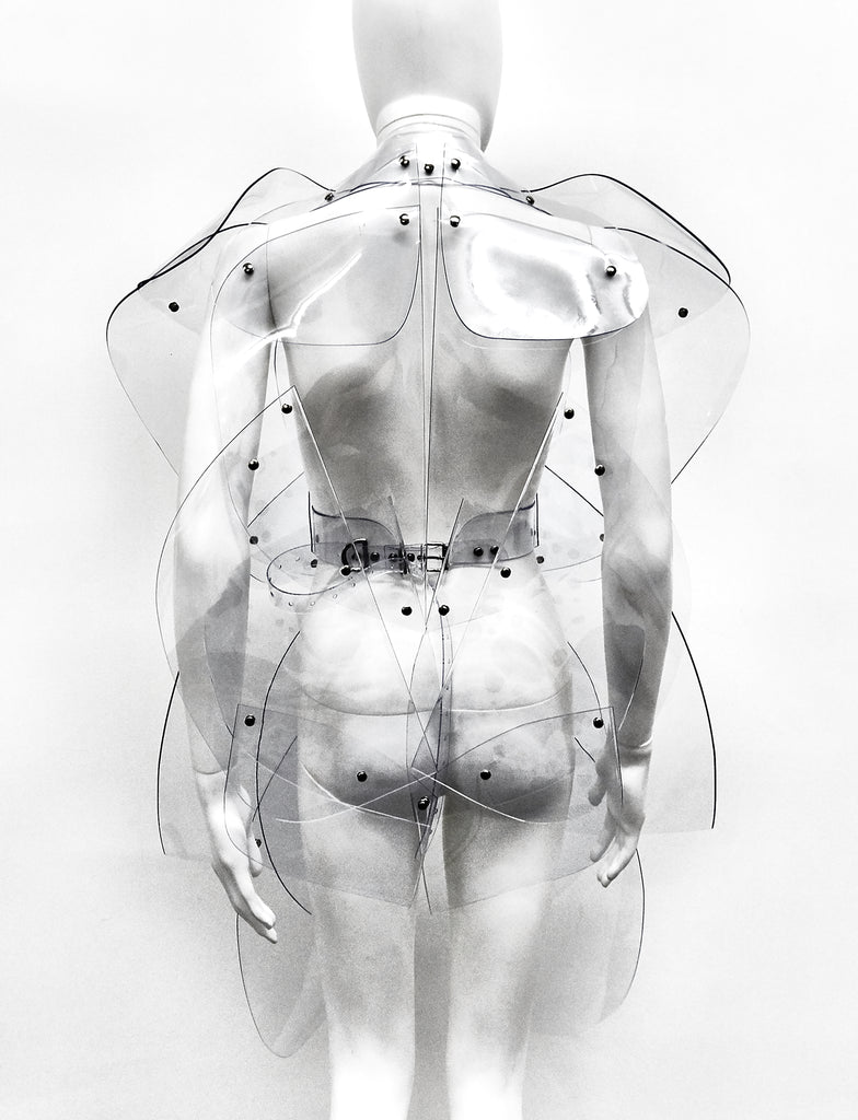 Jivomir Domoustchiev vegan vinyl pvc fashion wearable sculpture hand crafted to order only in East London Atelier independent luxury sculpture coat dress