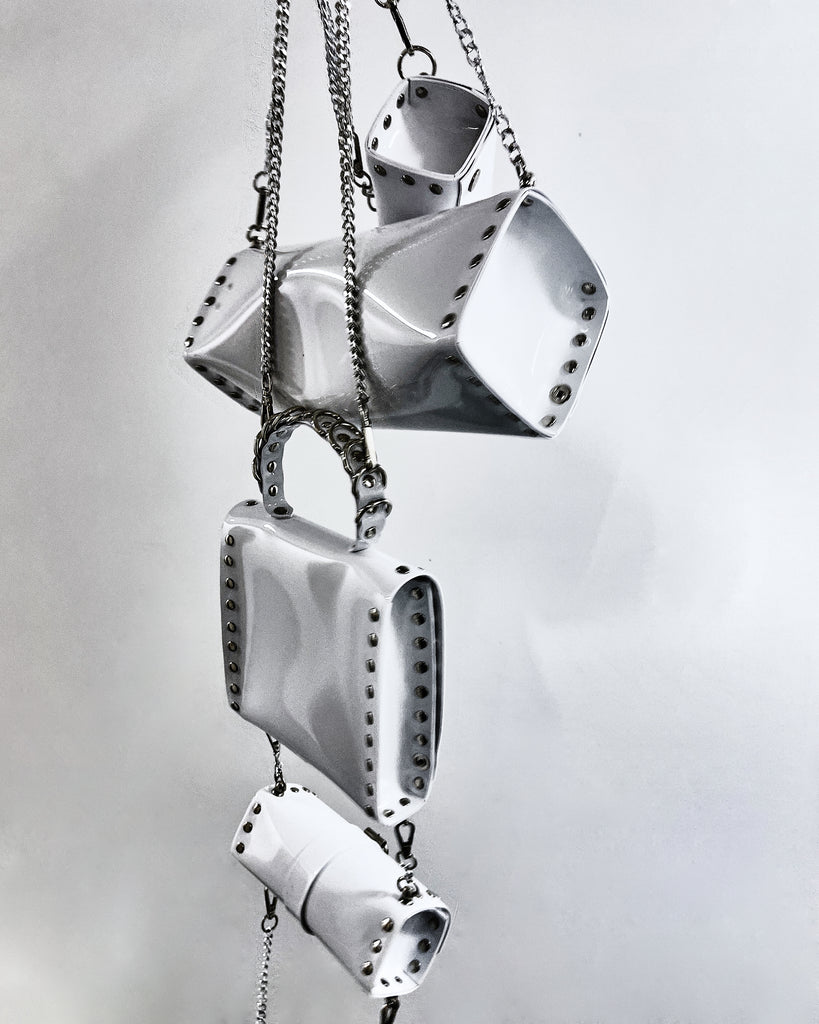 Jivomir Domoustchiev vegan vinyl pvc fashion wearable sculpture handbag purse hand crafted to order only in East London Atelier independent luxury brand bras and panties knickers