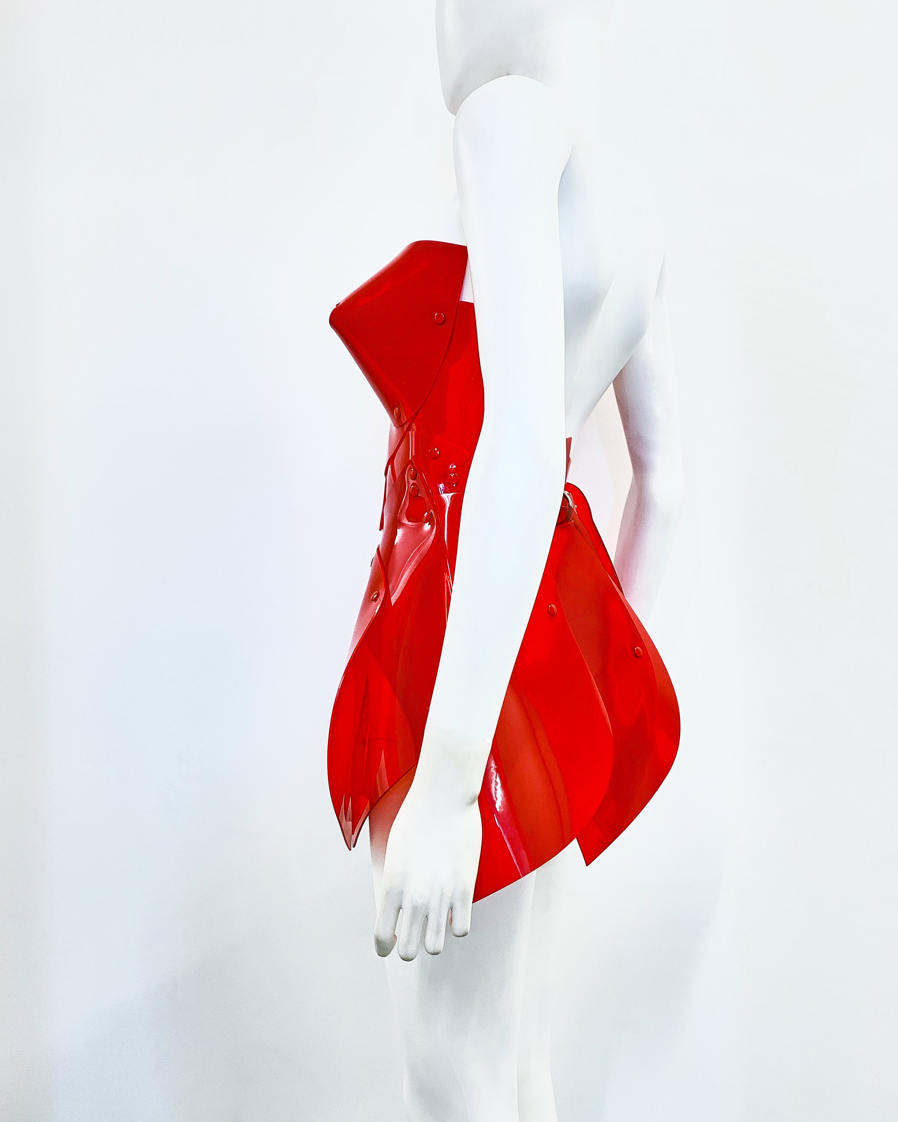 Jivomir Domoustchiev vegan vinyl pvc fashion wearable sculpture hand crafted to order only in East London Atelier independent luxury brand dress sculpture art couture