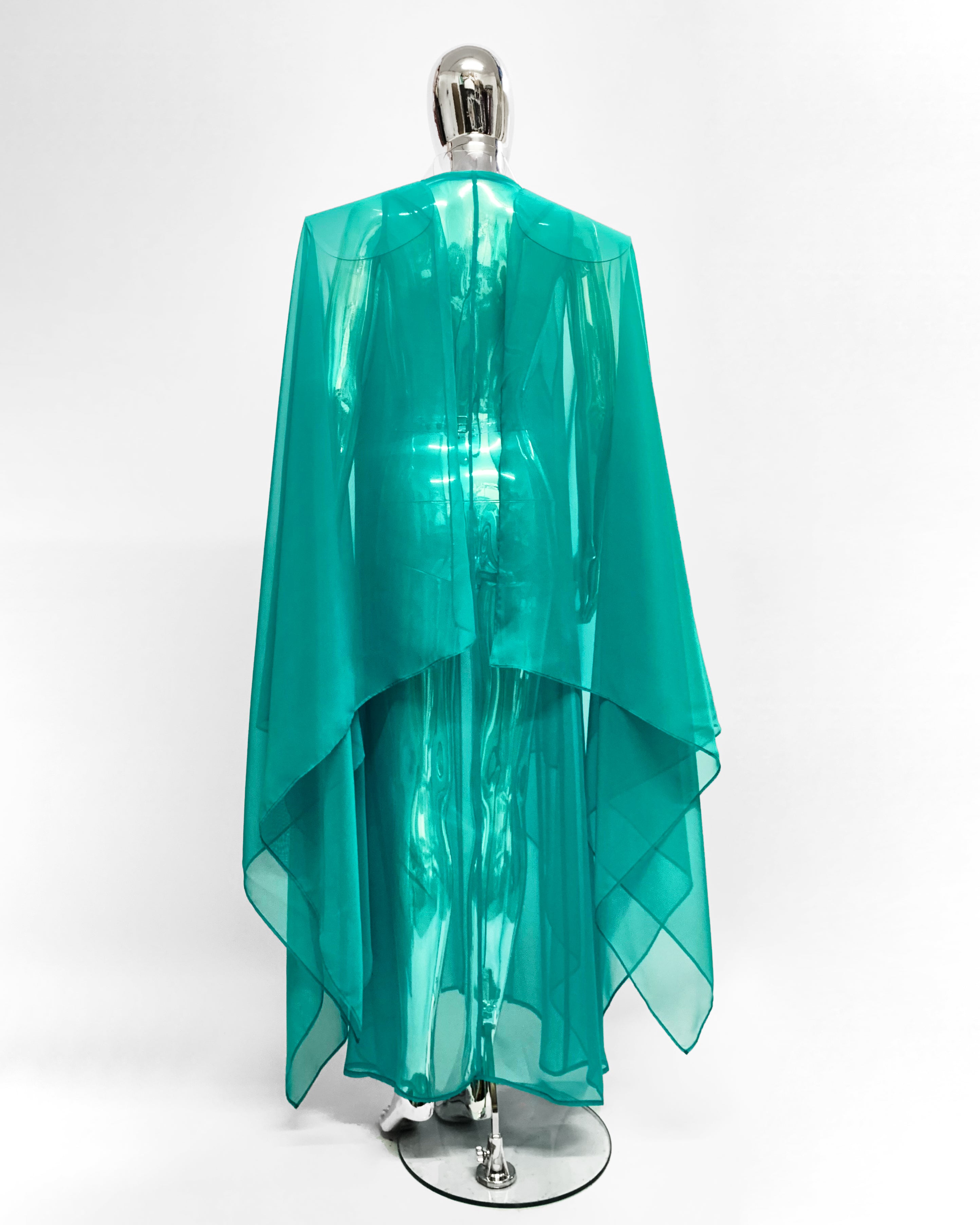 Onna Bugeisha collection Jivomir Domoustchiev Superhero V Dress dress with low V front, split kimono extra long sleeve detail and cape reversible