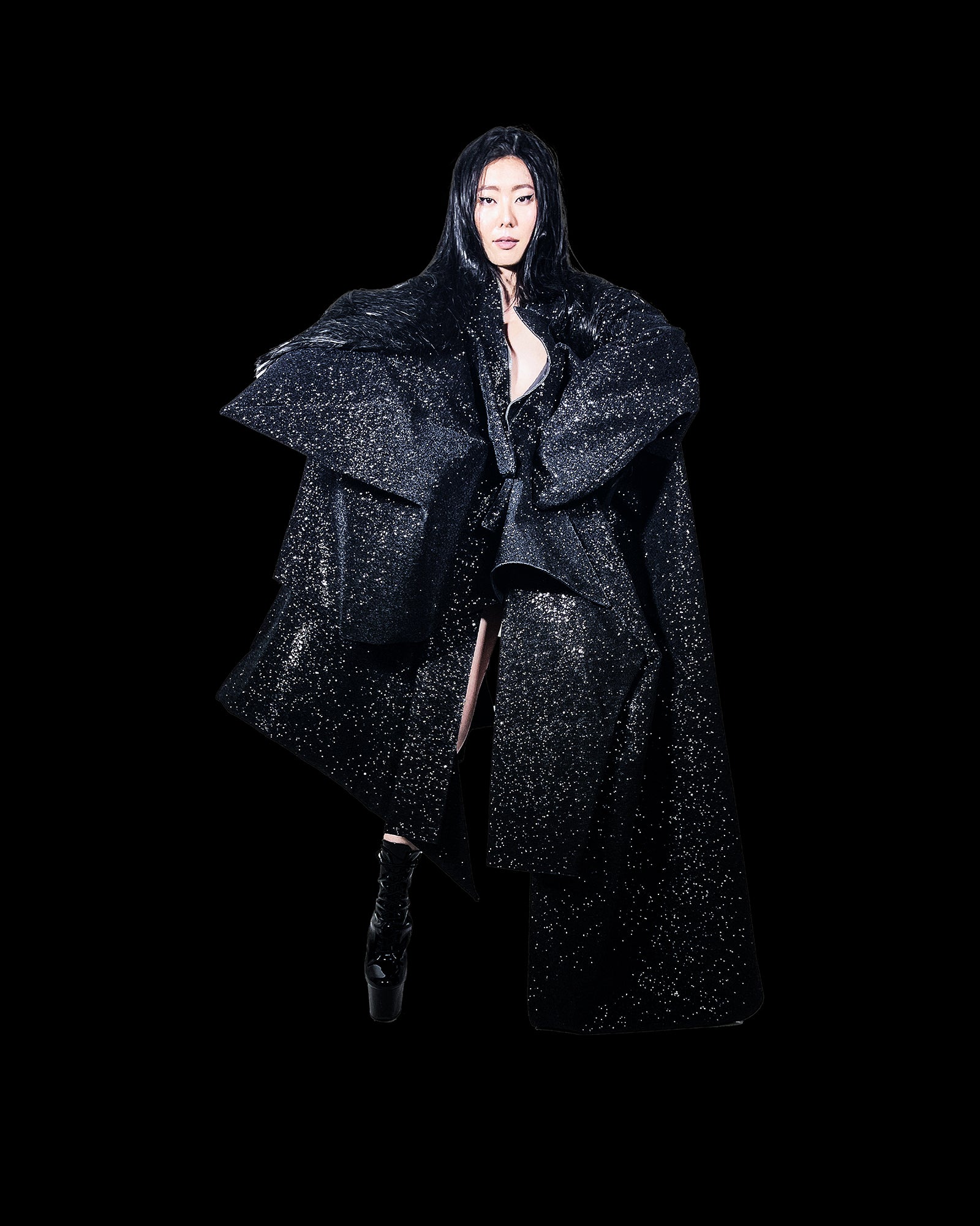 Half and Half Coat Jivomir Domoustchiev glitter star sculpture angular asymmetric couture coat