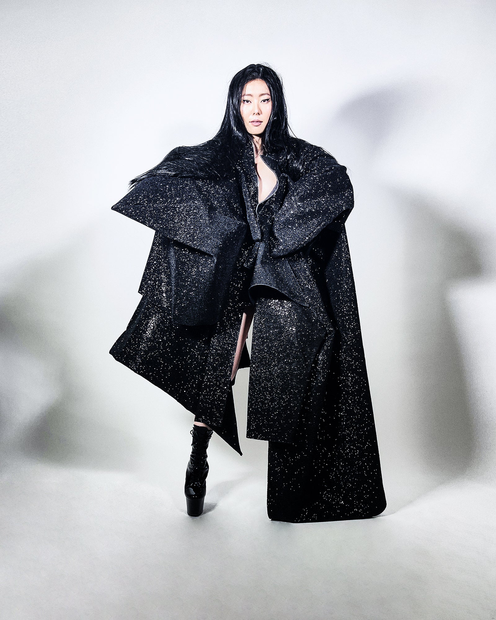 Half and Half Coat Jivomir Domoustchiev glitter star sculpture angular asymmetric couture coat