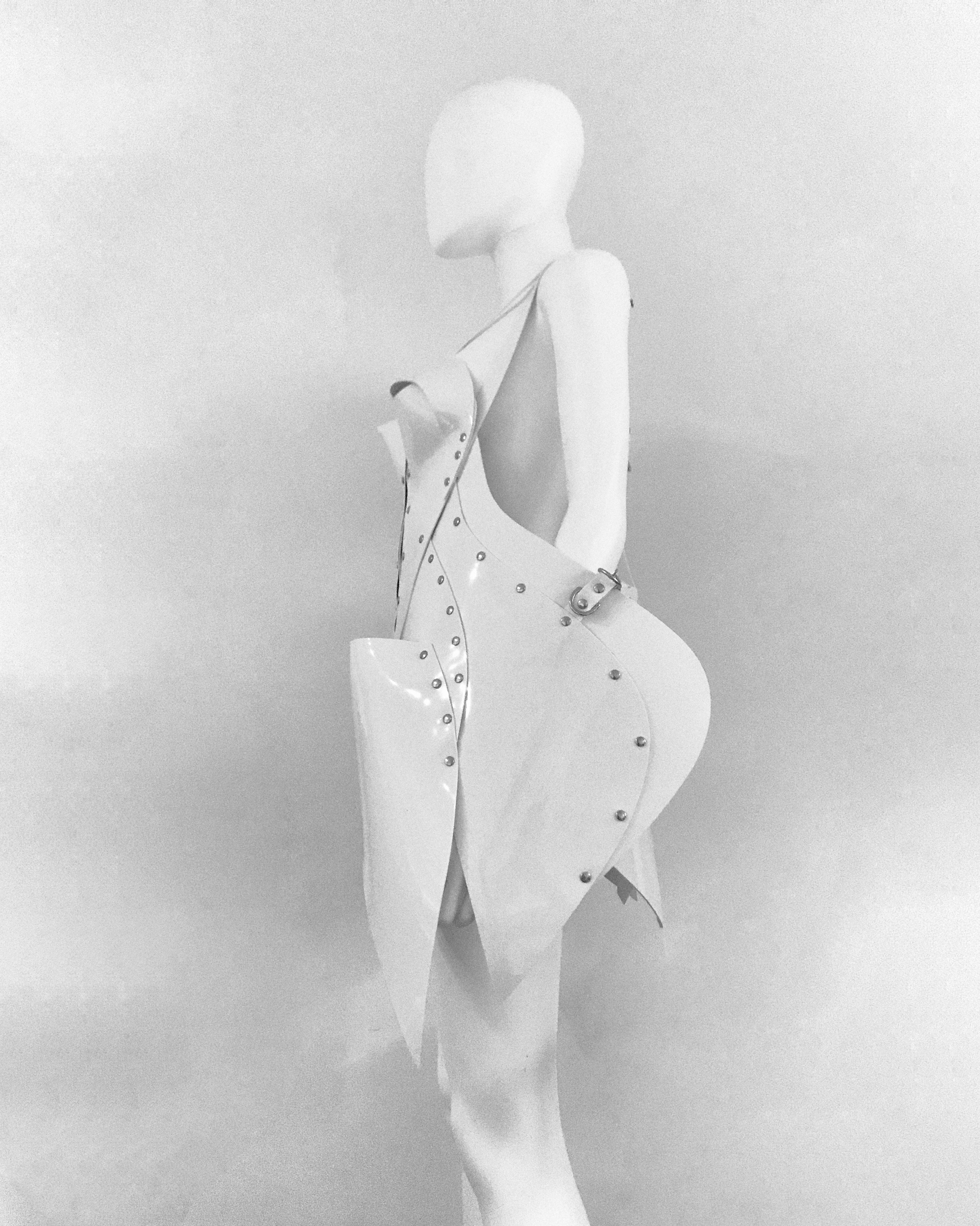 Jivomir Domoustchiev vegan vinyl pvc fashion wearable sculpture hand crafted to order only in East London Atelier independent luxury brand dress sculpture art couture