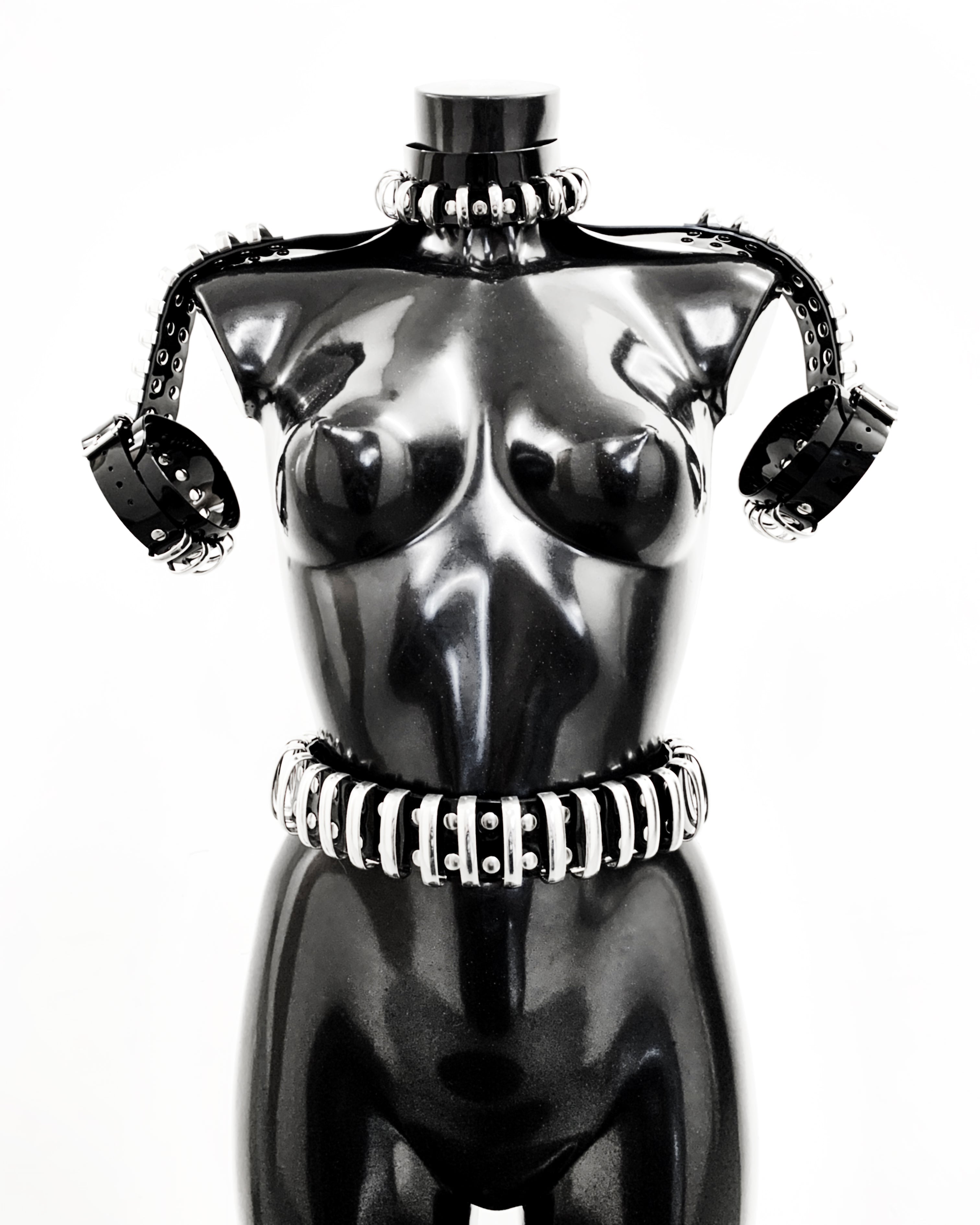 Jivomir Domoustchiev Multi Ring Shoulder Harness, Collar, Cuffs vegan vinyl hand crafted made in London