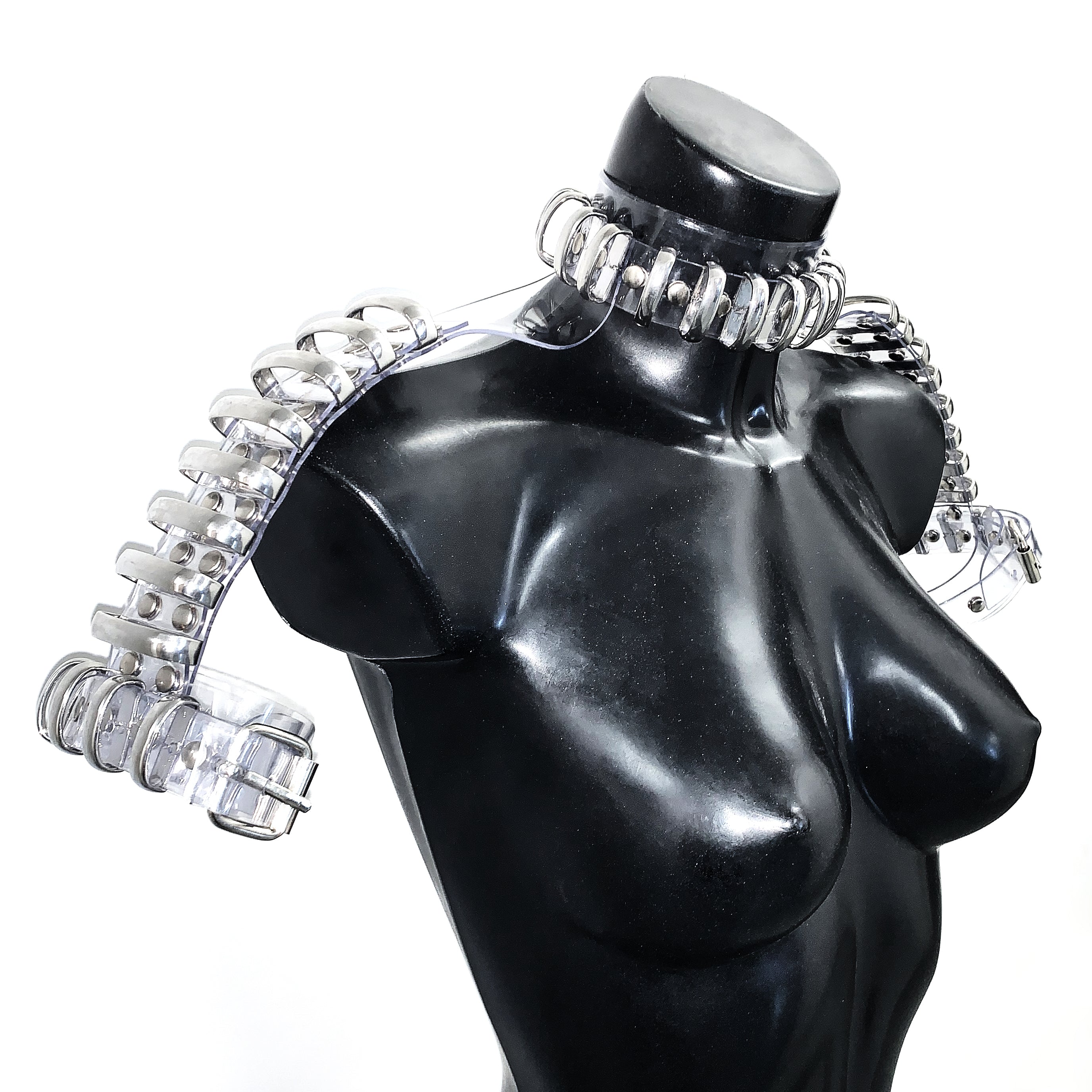 Jivomir Domoustchiev Multi Ring Shoulder Harness, Collar, Cuffs vegan vinyl hand crafted made in London