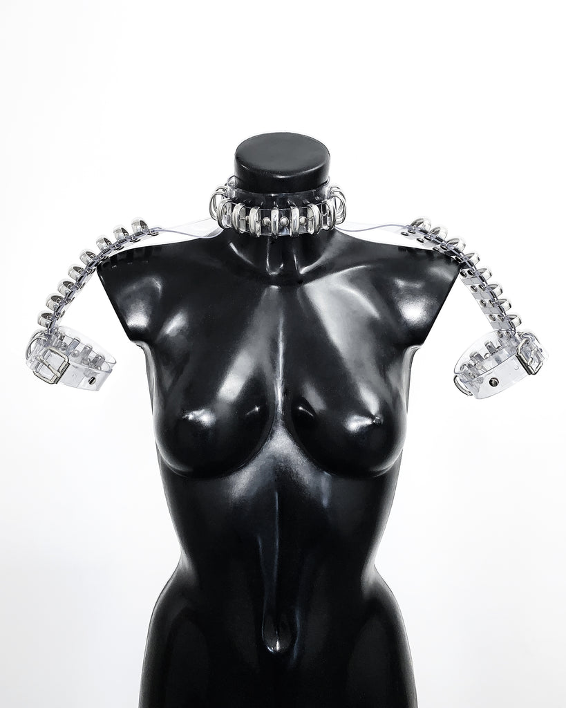 Jivomir Domoustchiev Multi Ring Shoulder Harness, Collar, Cuffs vegan vinyl hand crafted made in London
