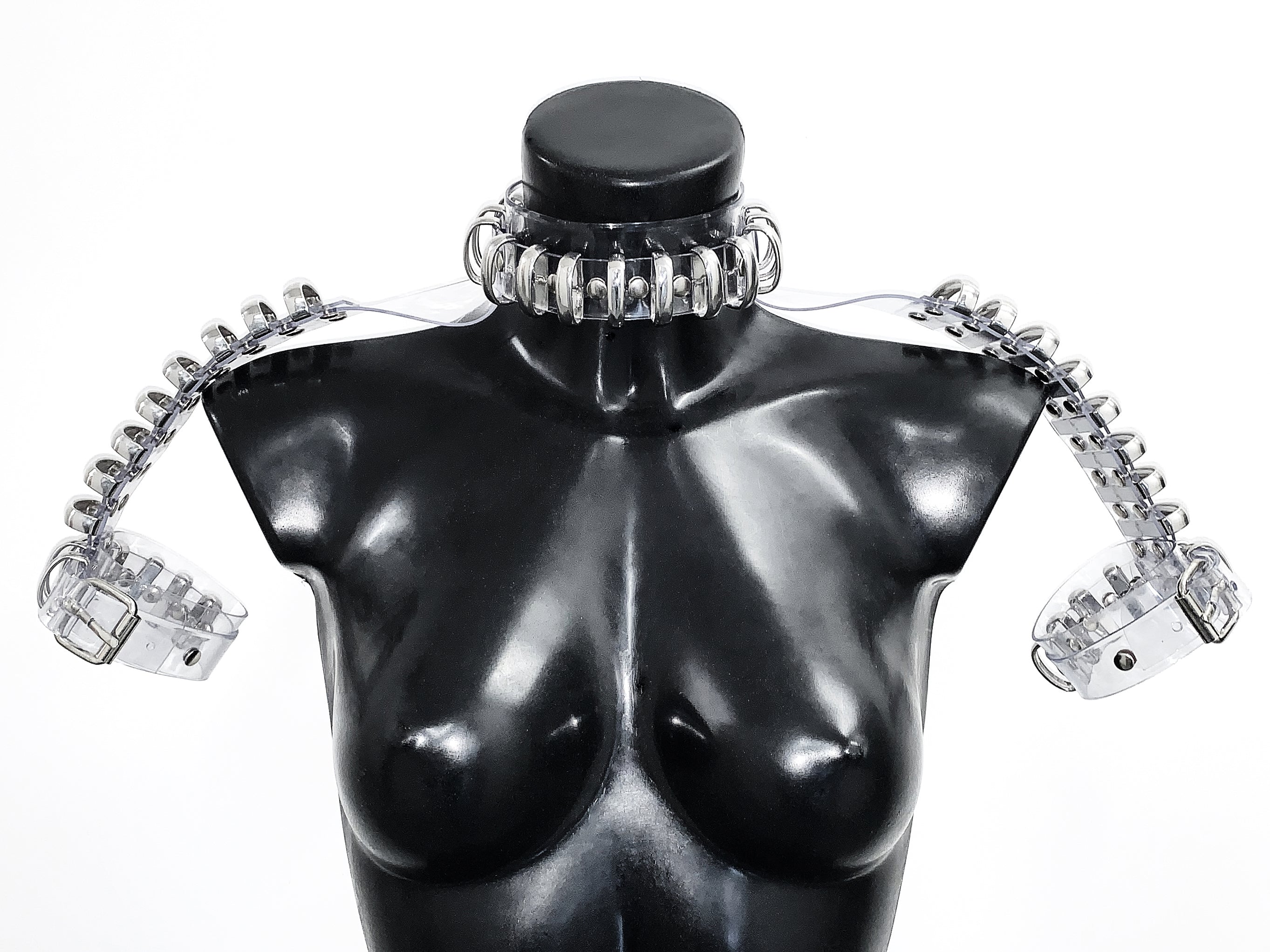 Jivomir Domoustchiev Multi Ring Shoulder Harness, Collar, Cuffs vegan vinyl hand crafted made in London