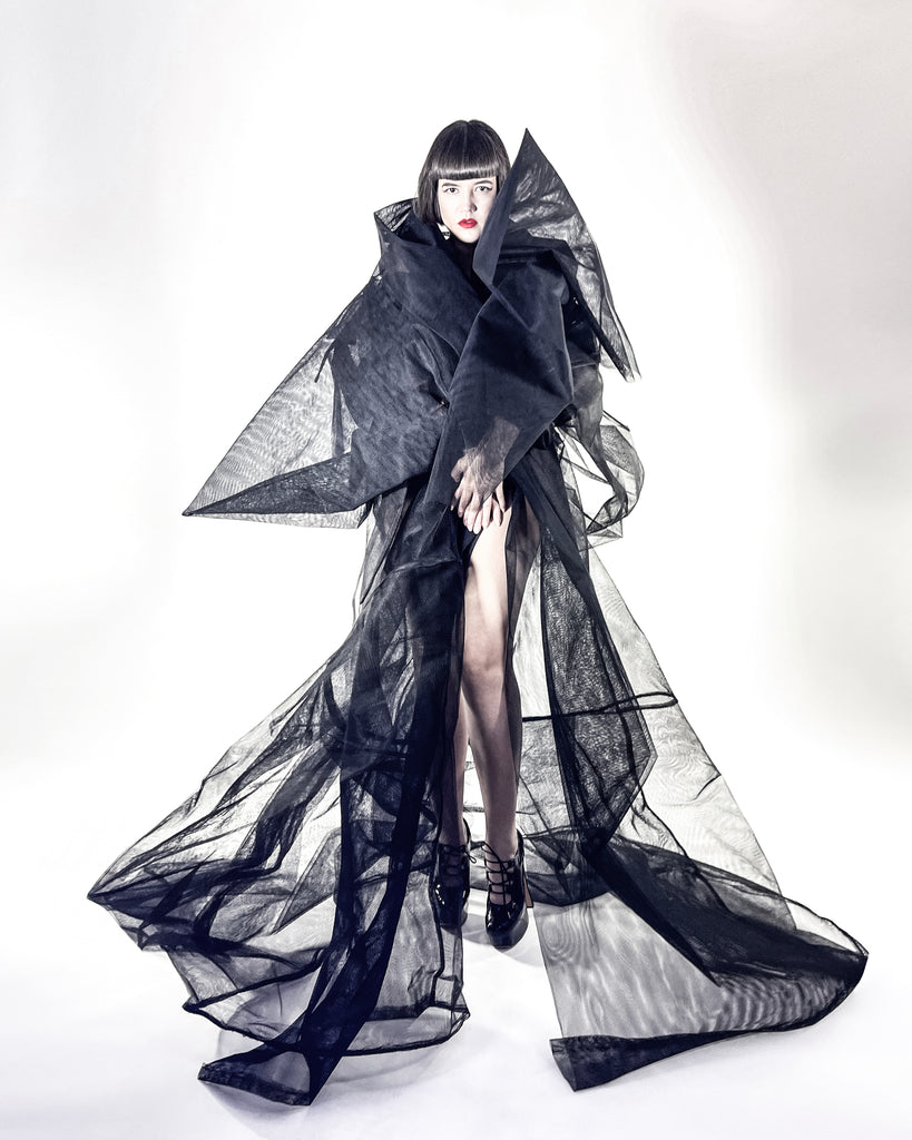 Jivomir Domoustchiev vegan vinyl pvc fashion wearable sculpture hand crafted to order only in East London Atelier independent luxury brand net opera coat
