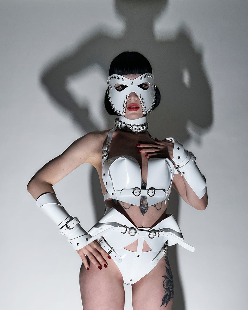 Jivomir Domoustchiev vegan vinyl sculpture fashion accessories hand crafted made in London kink avant garden future  luxury superhero cosplay kink latex fetish 