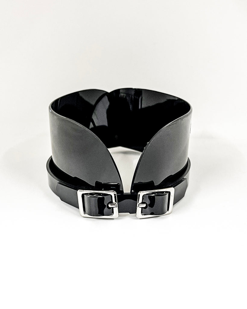 Jivomir Domoustchiev x Julien McDonald  vegan vinyl PVC fashion accessories belt harness collar choker bra bustier peplum corset kink cosplay vegan hand crafted London