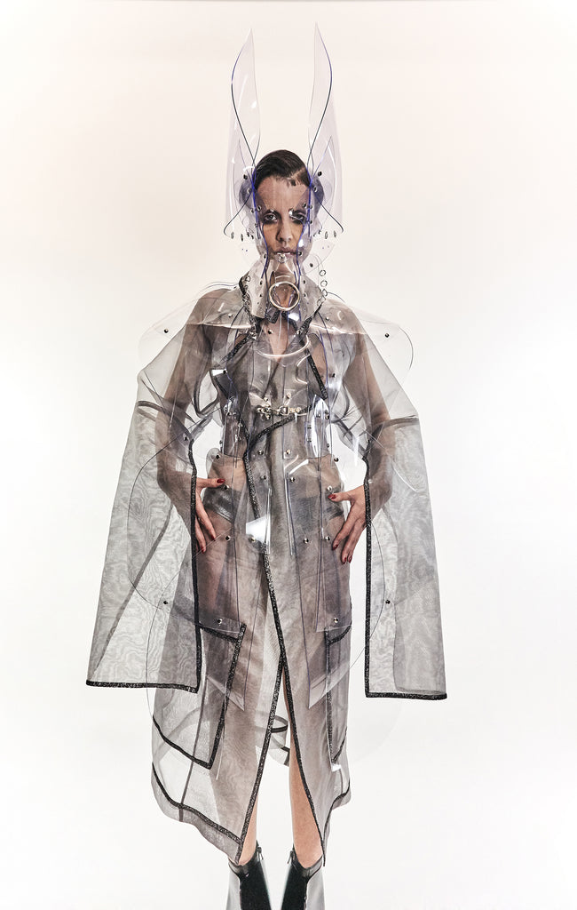 Jivomir Domoustchiev vegan vinyl pvc fashion wearable sculpture hand crafted to order only in East London Atelier independent luxury sculpture coat dress