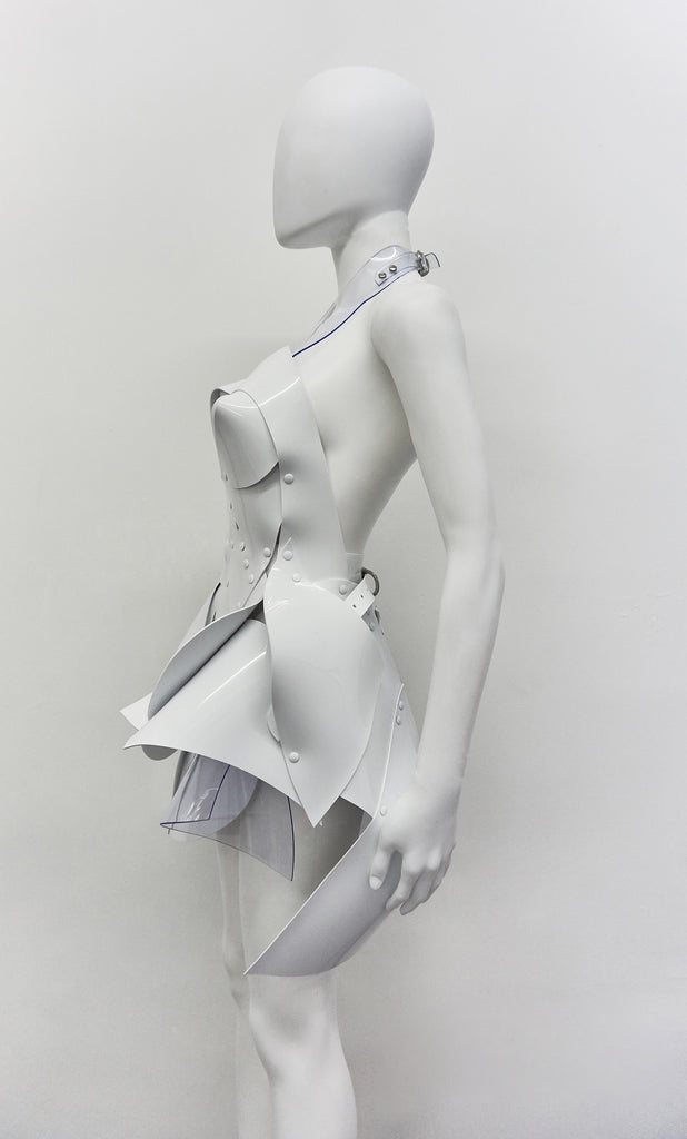 Jivomir Domoustchiev white vegan vinyl sculpture dress JLo Jennifer Lopez Medicine video