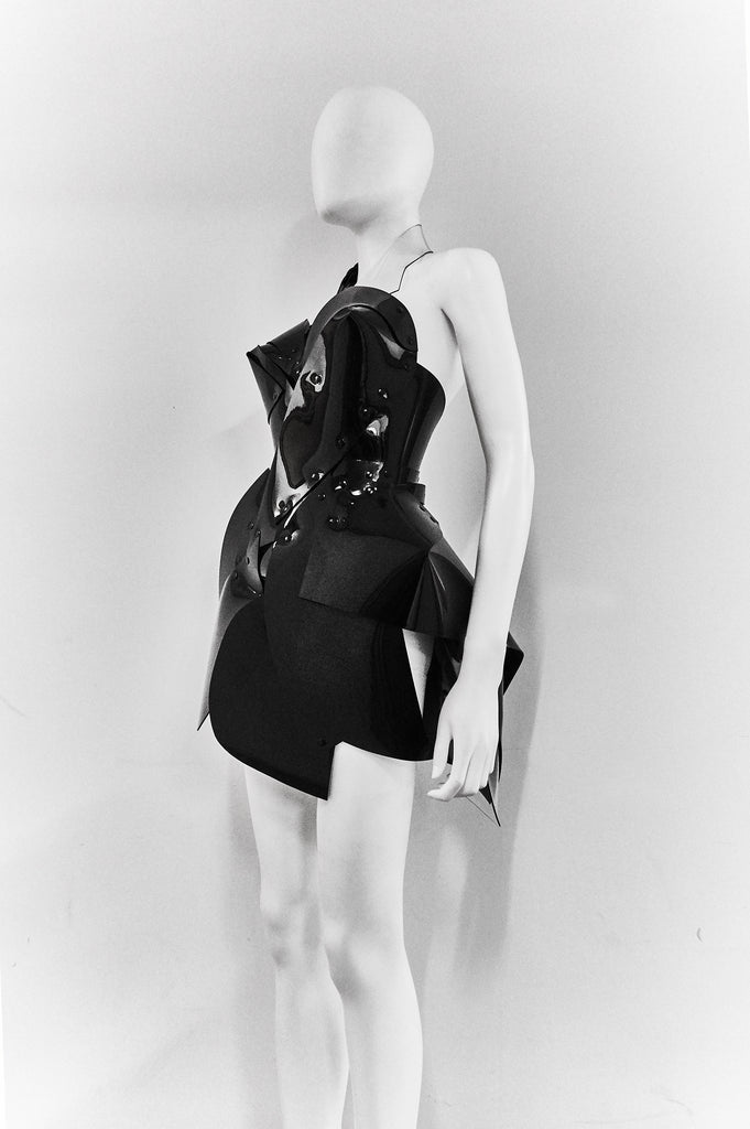 Jivomir Domoustchiev black vegan vinyl sculpture dress