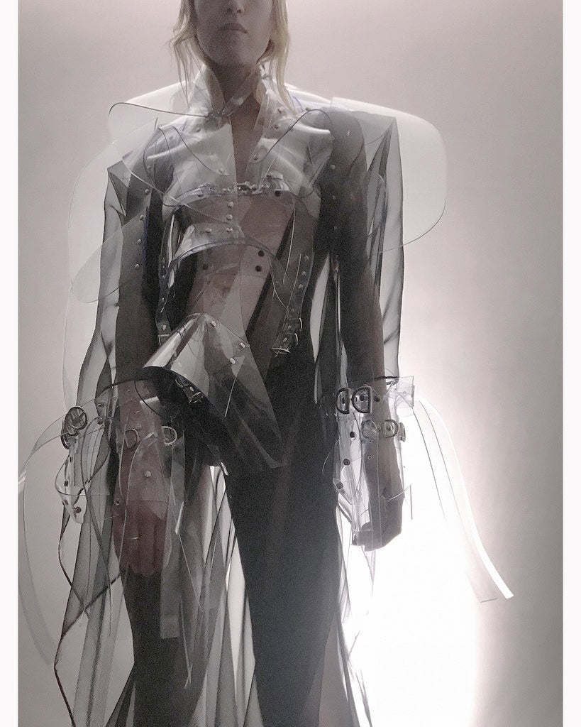 Jivomir Domoustchiev vegan vinyl sculpture jacket transparent fashion future fetish kink couture robot love design luxury vogue 