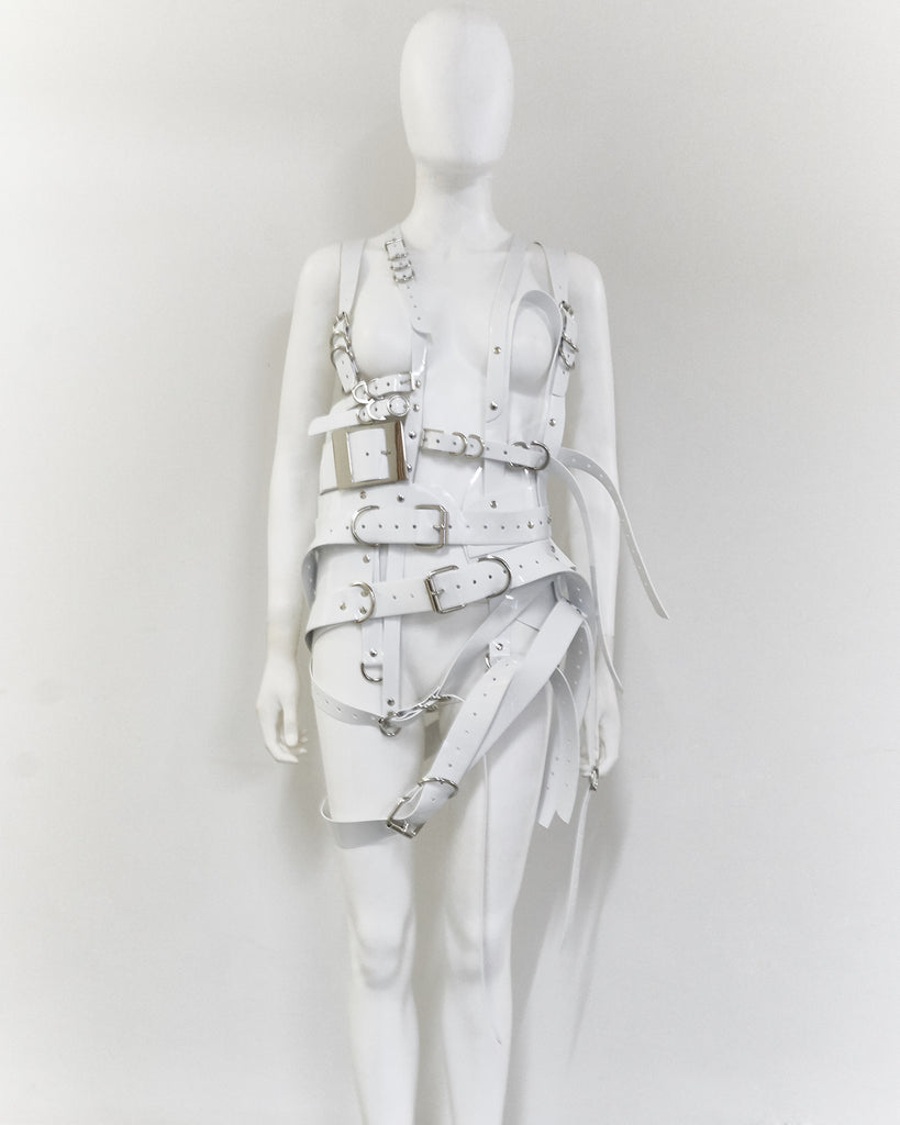 Jivomir Domoustchiev vegan vinyl pvc fashion wearable sculpture hand crafted to order only in East London Atelier independent luxury brand belt
