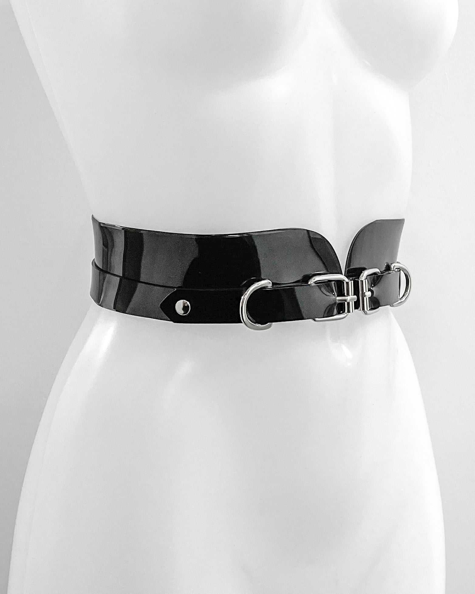 Jivomir Domoustchiev x Julien McDonald  vegan vinyl PVC fashion accessories belt harness collar choker bra bustier peplum corset kink cosplay vegan hand crafted London