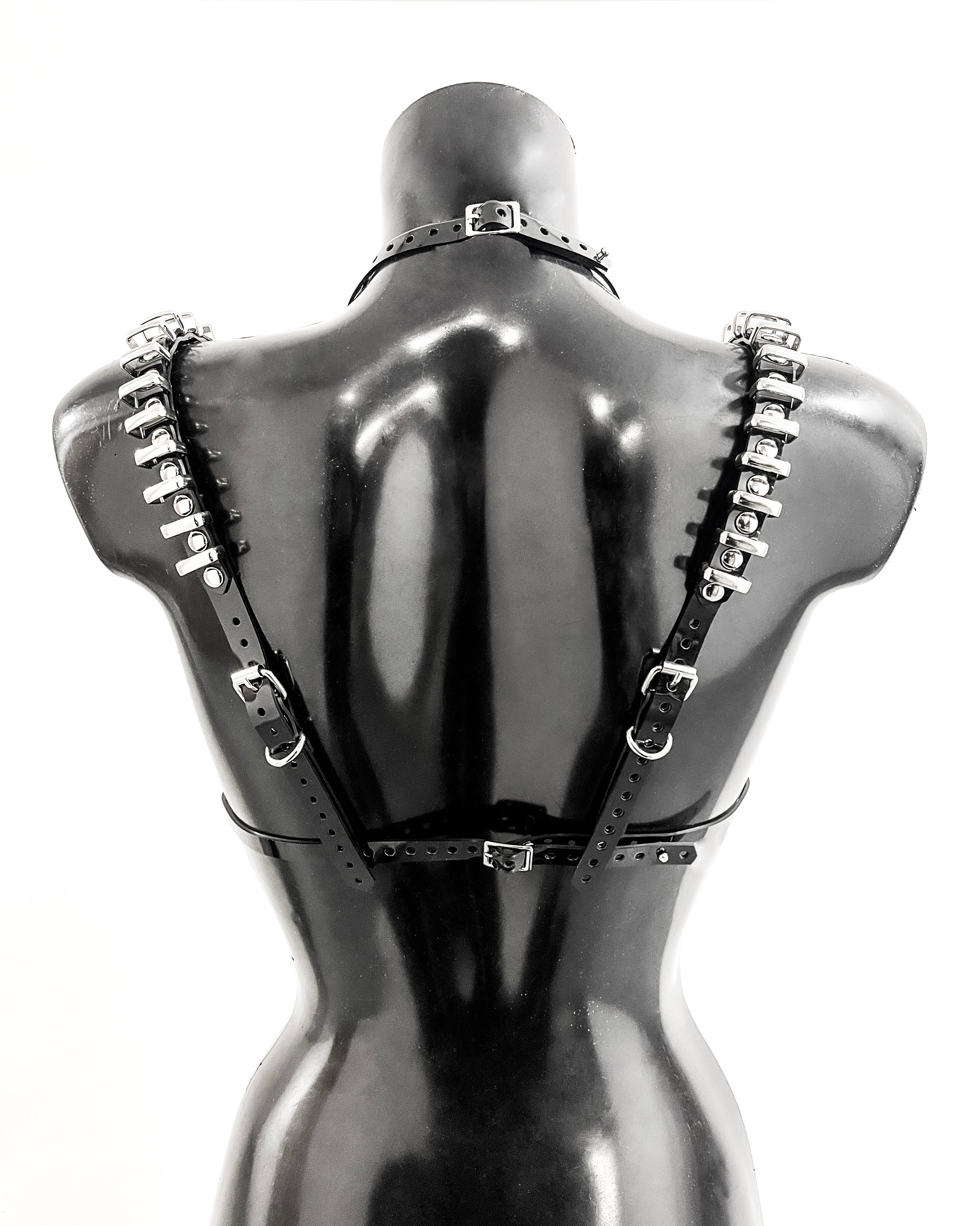 Jivomir Domoustchiev x Julien McDonald  vegan vinyl PVC fashion accessories belt harness collar choker bra bustier peplum corset kink cosplay vegan hand crafted London