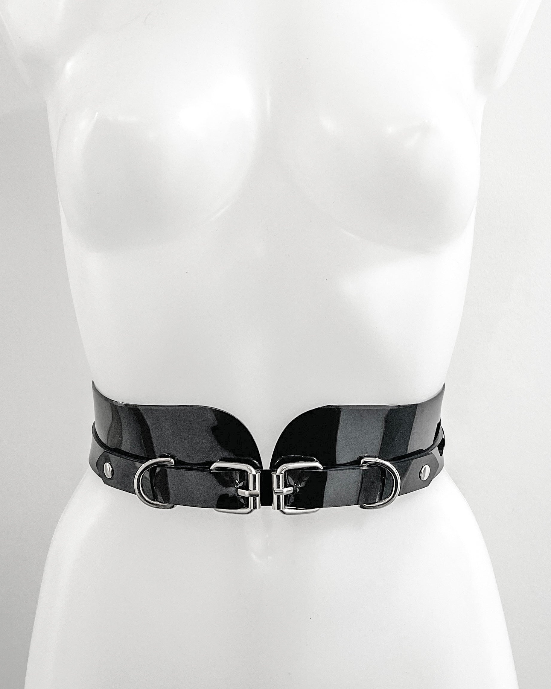 Jivomir Domoustchiev x Julien McDonald  vegan vinyl PVC fashion accessories belt harness collar choker bra bustier peplum corset kink cosplay vegan hand crafted London