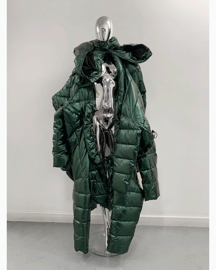 Jivomir Domoustchiev repurposed re designed sculpture future fashion hand crated from unwanted garments puffs coat sculpture design future fashion redesign