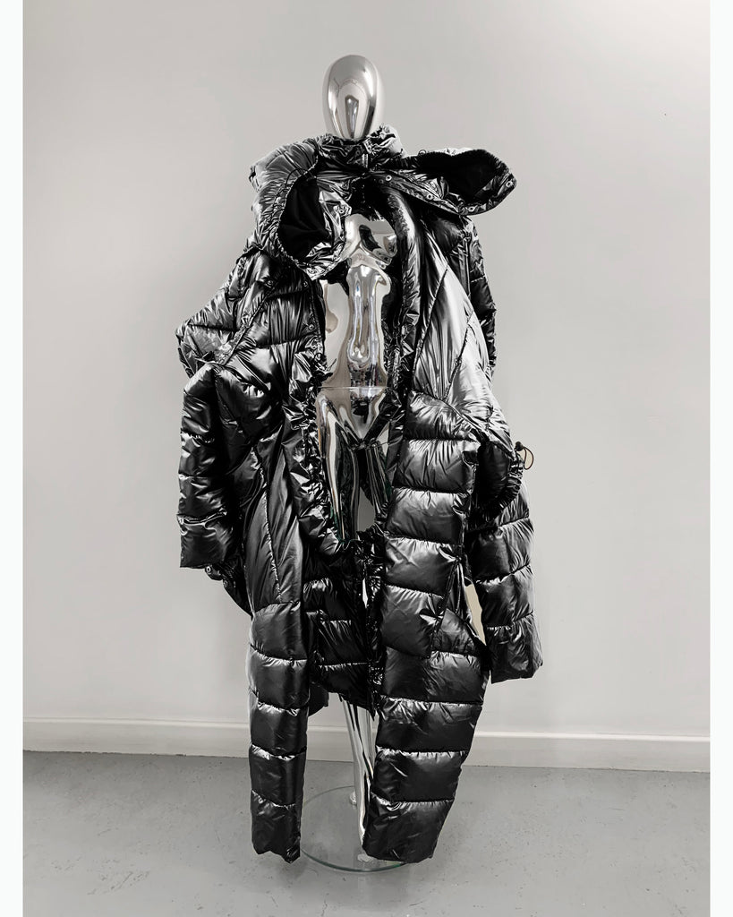 Jivomir Domoustchiev repurposed re designed sculpture future fashion hand crated from unwanted garments puffs coat sculpture design future fashion redesign