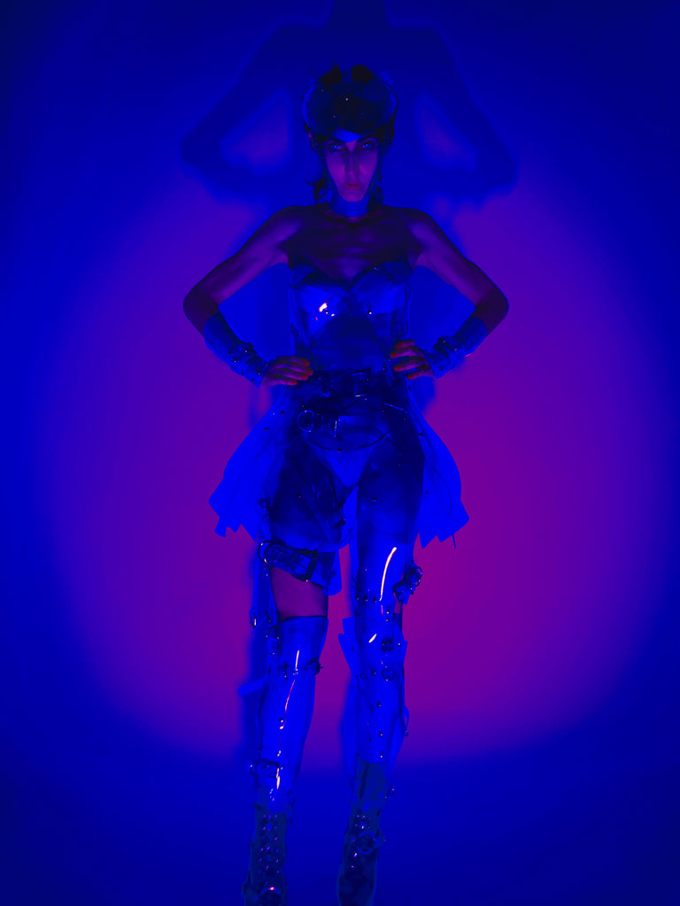 Jivomir Domoustchiev vegan vinyl pvc fashion wearable sculpture hand crafted to order only in East London Atelier independent luxury future couture fashion barbarella kink film design