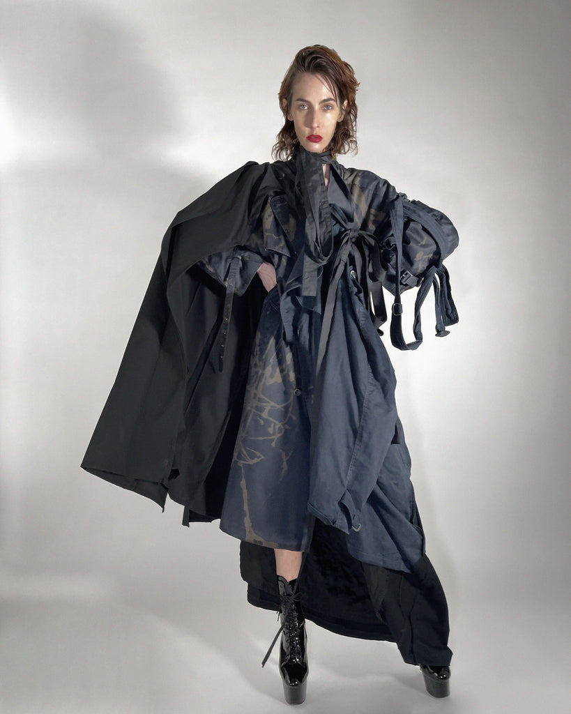 Jivomir Domoustchiev hand crafted re purposed sculpture trench coat hand crafted from re purposing coats and creating a beautiful collectible sculpture